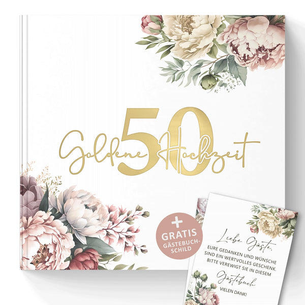 Gästebuch Goldene Hochzeit Pfingstrosen mit Goldprägung – 50. Hochzeitstag Erinnerungsbuch inkl. Schild