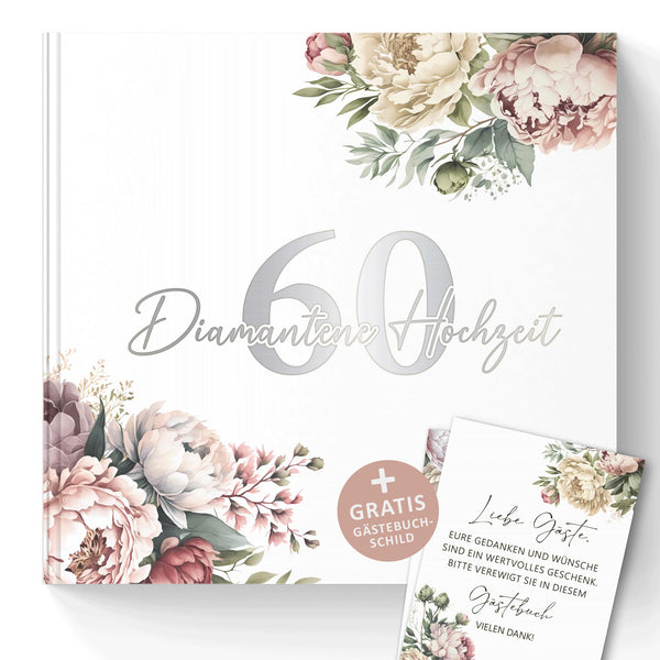 Gästebuch Diamantene Hochzeit 60 Jahre – Pfingstrosen mit Silberprägung