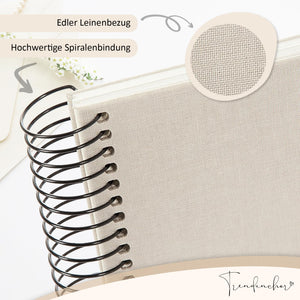 Babyparty Gästebuch Boho Leinen mit Goldprägung – Spiralalbum & Baby Erinnerungsbuch (17×25 cm) inkl. Fotoecken