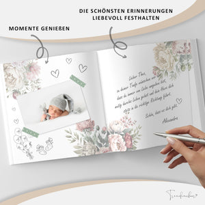 Taufgästebuch „Meine Taufe“ Pfingstrosen mit Goldprägung – Erinnerungsbuch inkl. Gästebuch-Schild