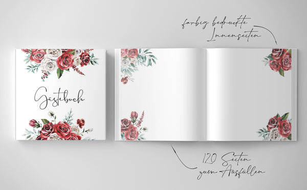 Gästebuch: Liebevoll gestaltetes Gästebuch zum Ausfüllen mit Rosen-Design für das Brautpaar