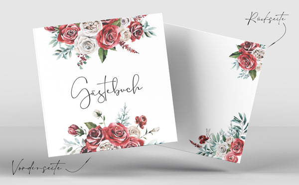Gästebuch: Liebevoll gestaltetes Gästebuch zum Ausfüllen mit Rosen-Design für das Brautpaar