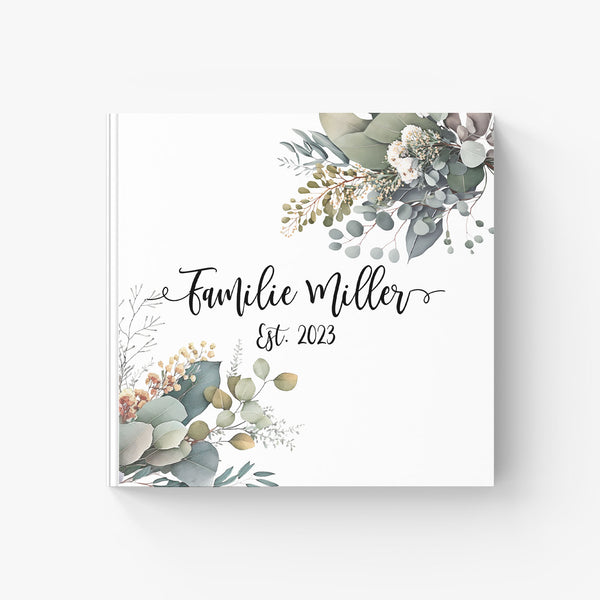 Personalized wedding guest book in eucalyptus design