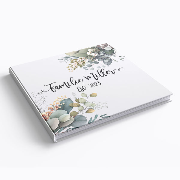 Personalized wedding guest book in eucalyptus design