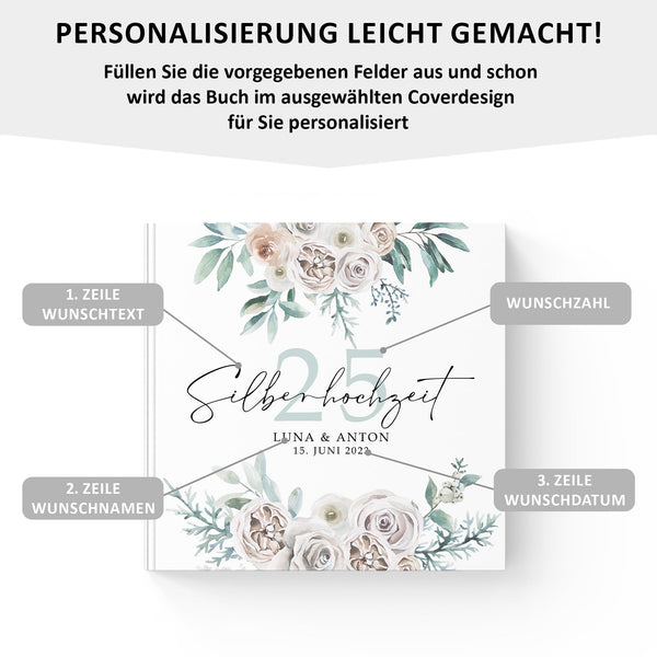 Personalisiertes Gästebuch "Weiße Rosen" 21 x 21cm